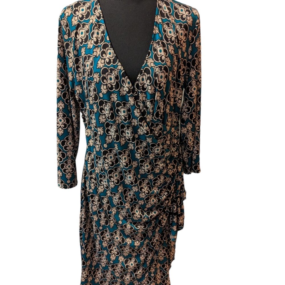 New York & Company Teal Floral Long Sleeve Dress Size: XL - Picture 6 of 11